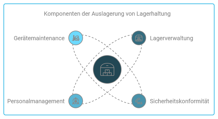 Grafik, die die Elemente zeigt, die beim Warehousing ausgelagert werden können: Gerätewartung, Personalmanagement, Sicherheitskonformität, Lagerverwaltung