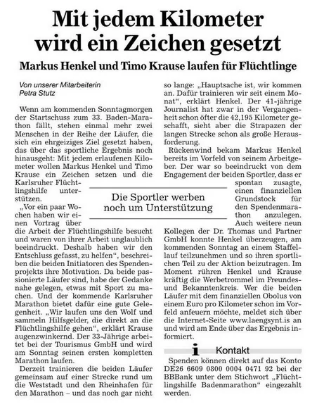 Die Badischen Neusten Nachrichten über den Spendenmarathon in Karlsruhe. 
