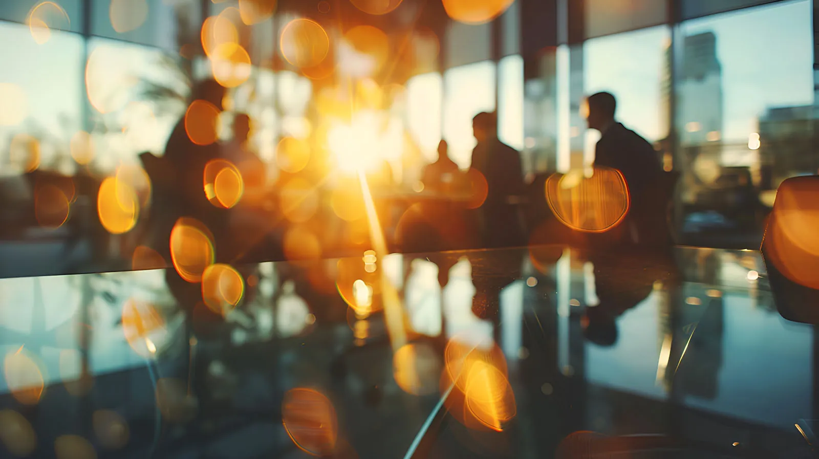 Titelbild der Stellenausschreibung für die Werkstudentestelle - Zusammensitzende Menschen in einem Konferenzraum, in den die Abendsonne fällt und so einen starken Lensflareeffekt erzeugt.
