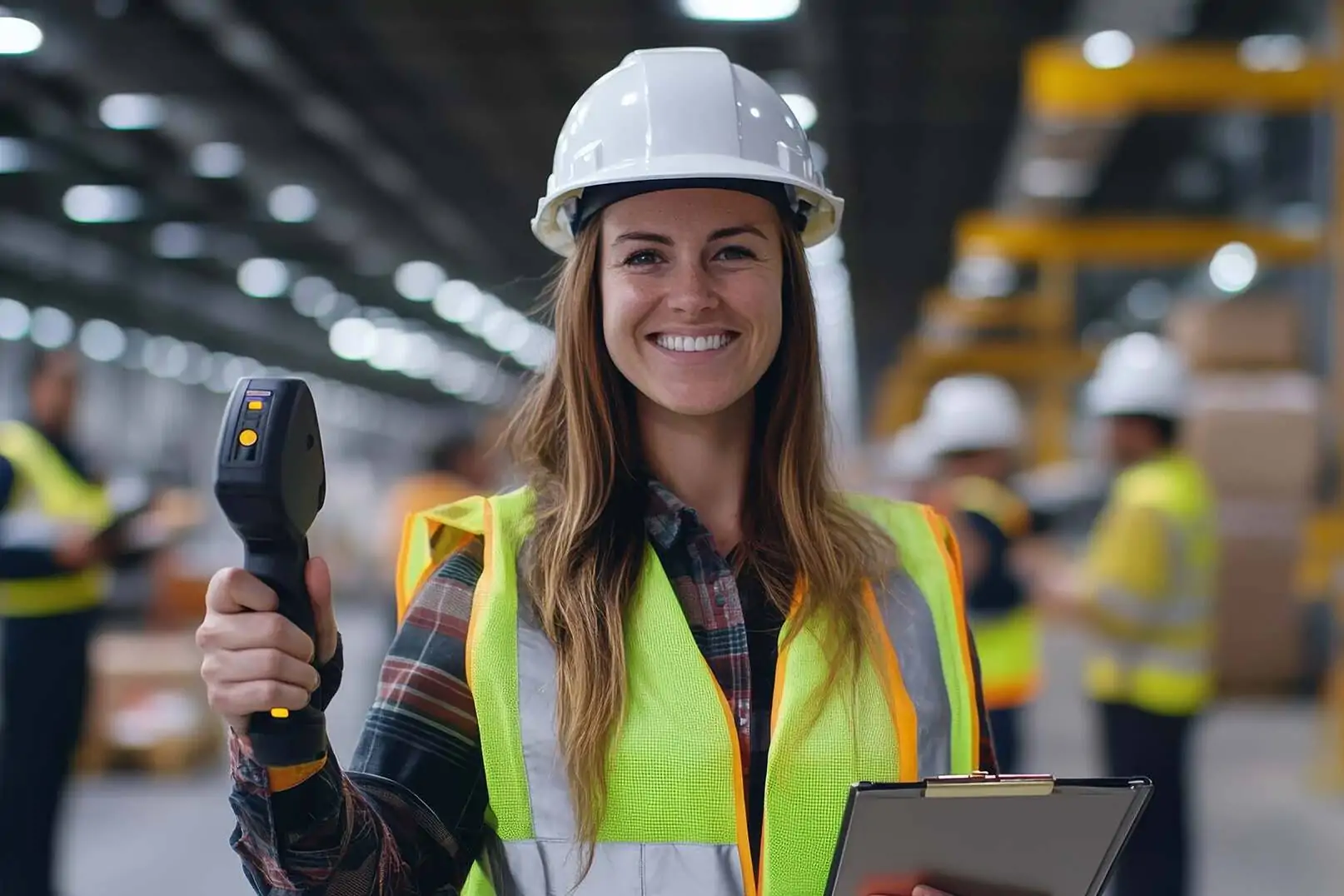 A team of warehouse workers in high-visibility vests discussing in a large modern logistics center